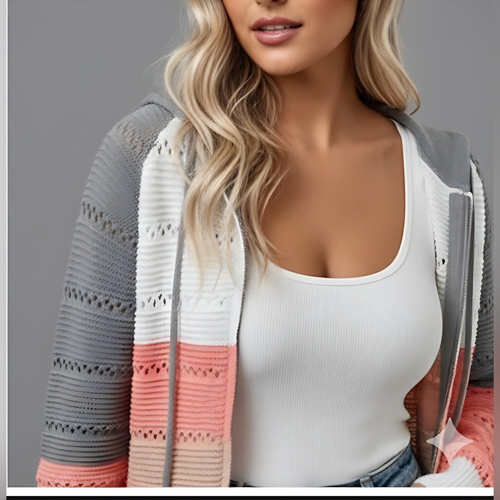 Pointelle Knit Drawstring Zip Hooded Cardigan - Picture 5 of 8